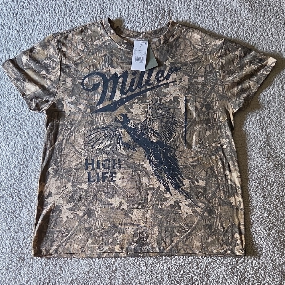 NWT Camo Miller High Life Pheasant Bird Graphic 100% Cotton Short Sleeve T-shirt